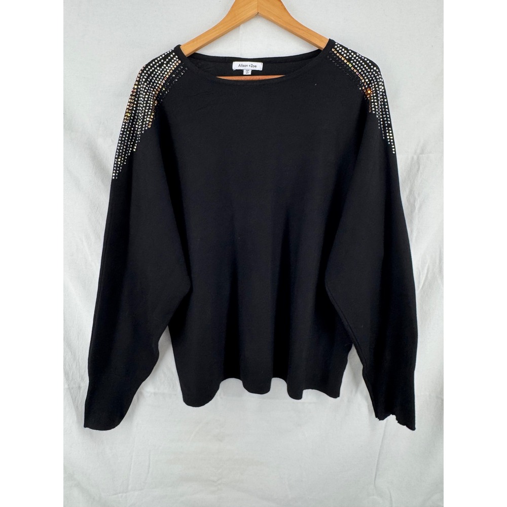 Allison +‎ Zoe Womens 2X Black Rhinestone Shoulder Dolman Sleeve Knit Sweater